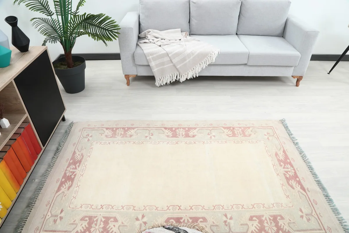 Overhead view of the rug in the room, showing its rectangular shape and design