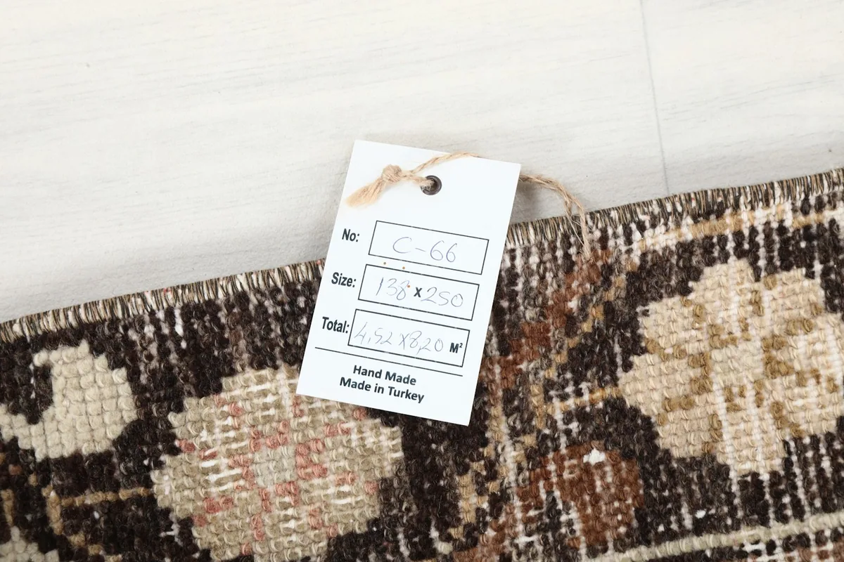 Product tag displaying the rug's size in centimeters and inches, confirming its origin from Turkey