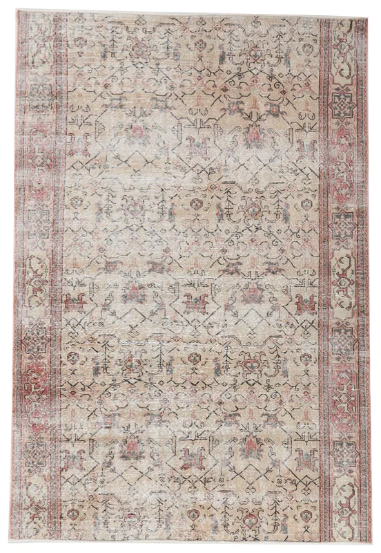 Full top view of the 6x9 vintage Anatolian rug with a beige field and rust border