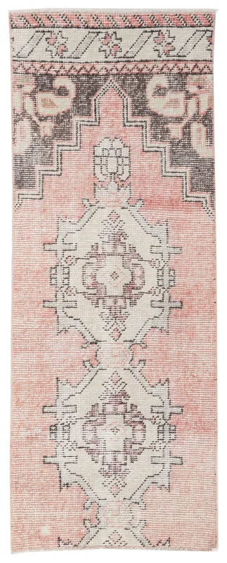 Top view of the 2x5 vintage Anatolian runner rug with rose field and ivory tribal patterns