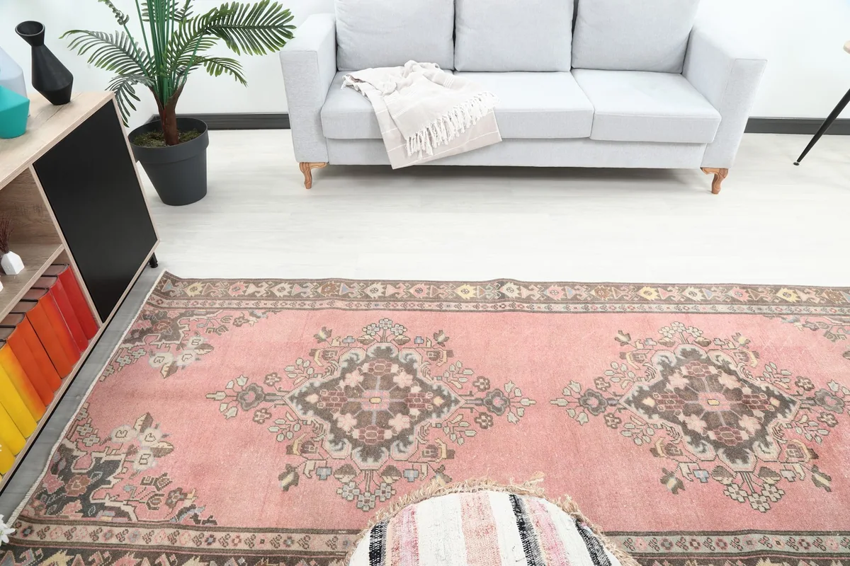 Overhead view of the rose runner rug's center, showing medallions and border design