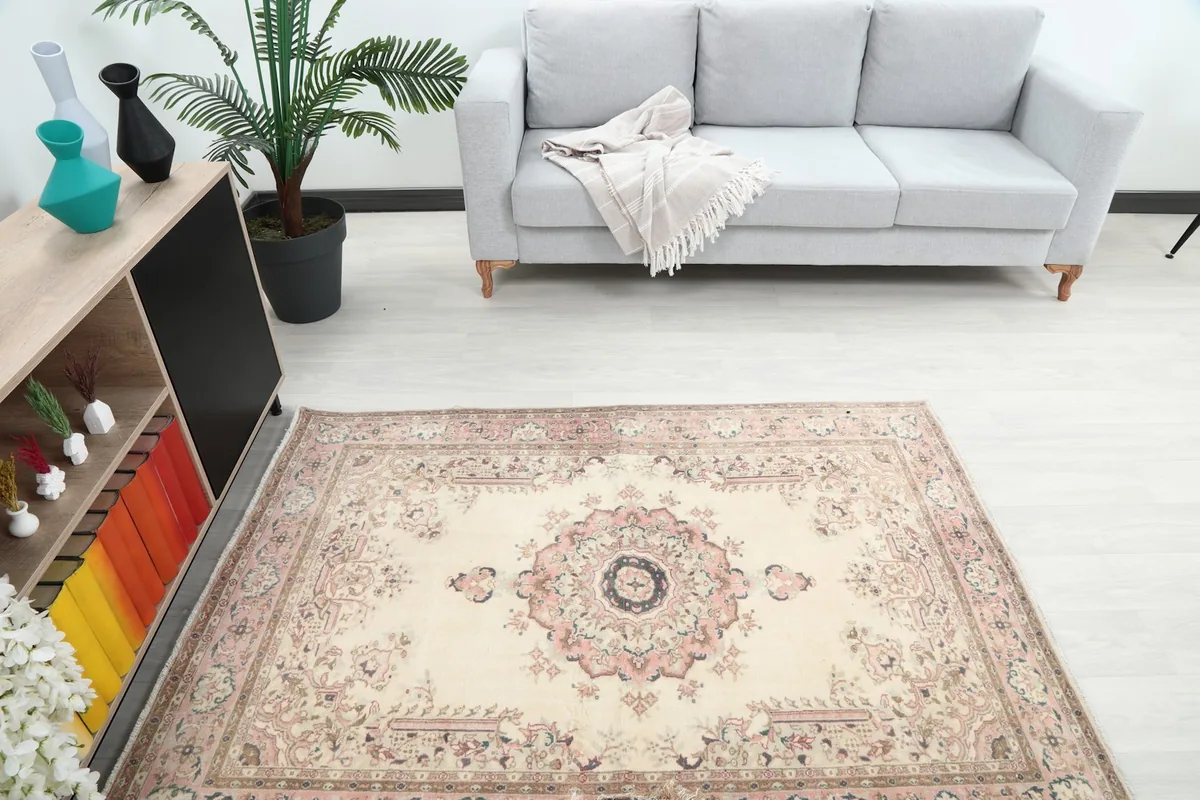 Overhead view of the rug and surrounding furniture in a styled room