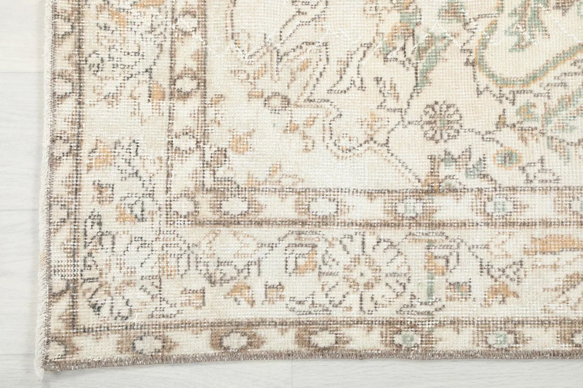 Close-up of the rug's beige and brown border design with subtle wear