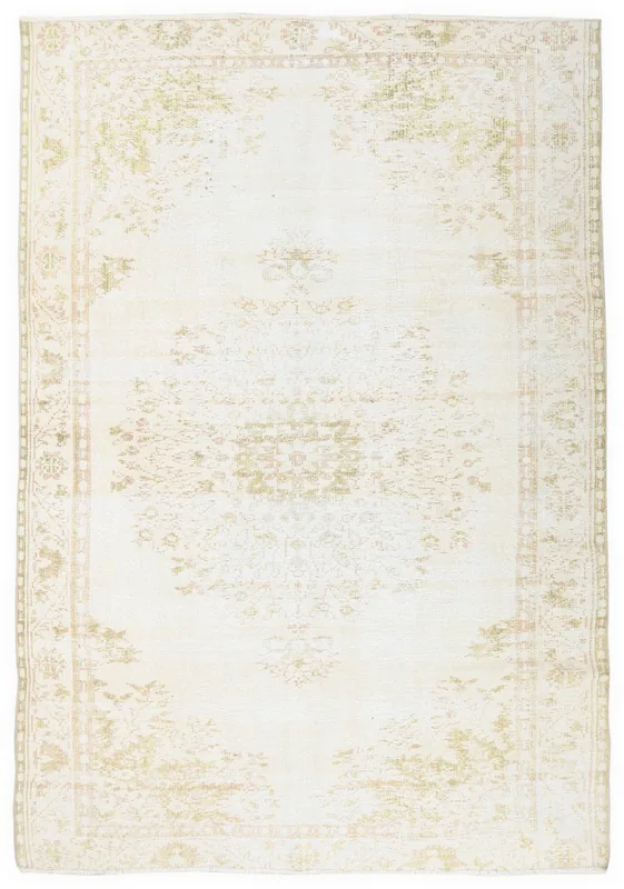 Full top view of the 5'11" x 8'8" ivory and olive vintage Anatolian wool rug on a white background.