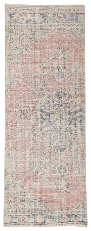 Full overhead view of the 2'10" x 7'9" rose and blue vintage Anatolian runner on a white background.