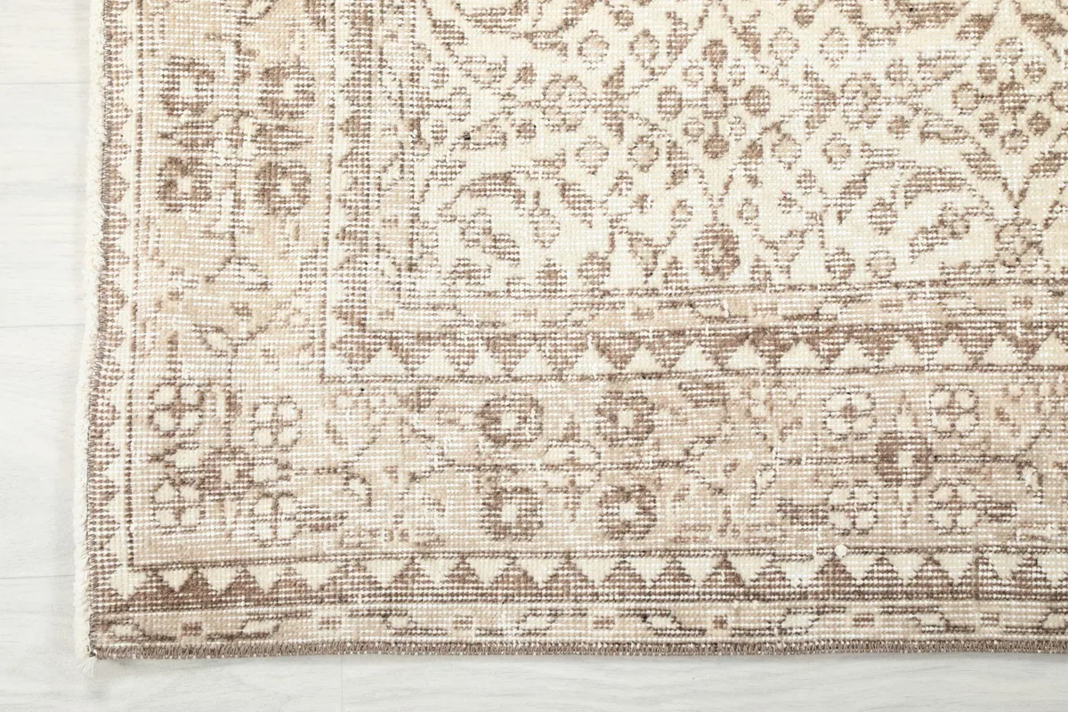 Close-up of the rug's border design, featuring geometric and floral elements in tan.