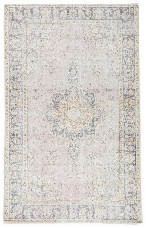 Full top view of the 4'11" x 7'10" vintage rose Anatolian rug with a central gray medallion