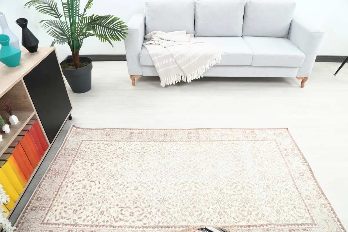 Overhead shot showcasing the rug's scale in a room with a sofa and plant