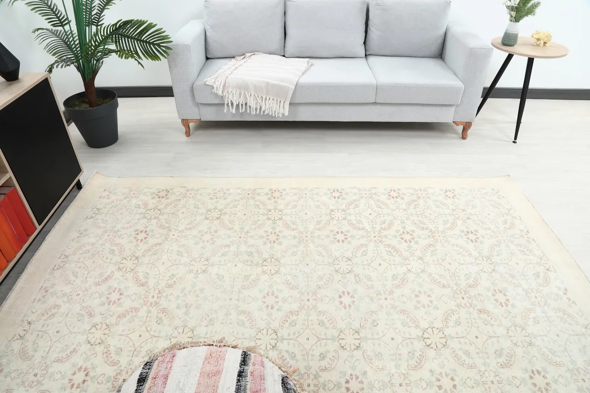 Overhead view of the rug in a living room, highlighting its full pattern