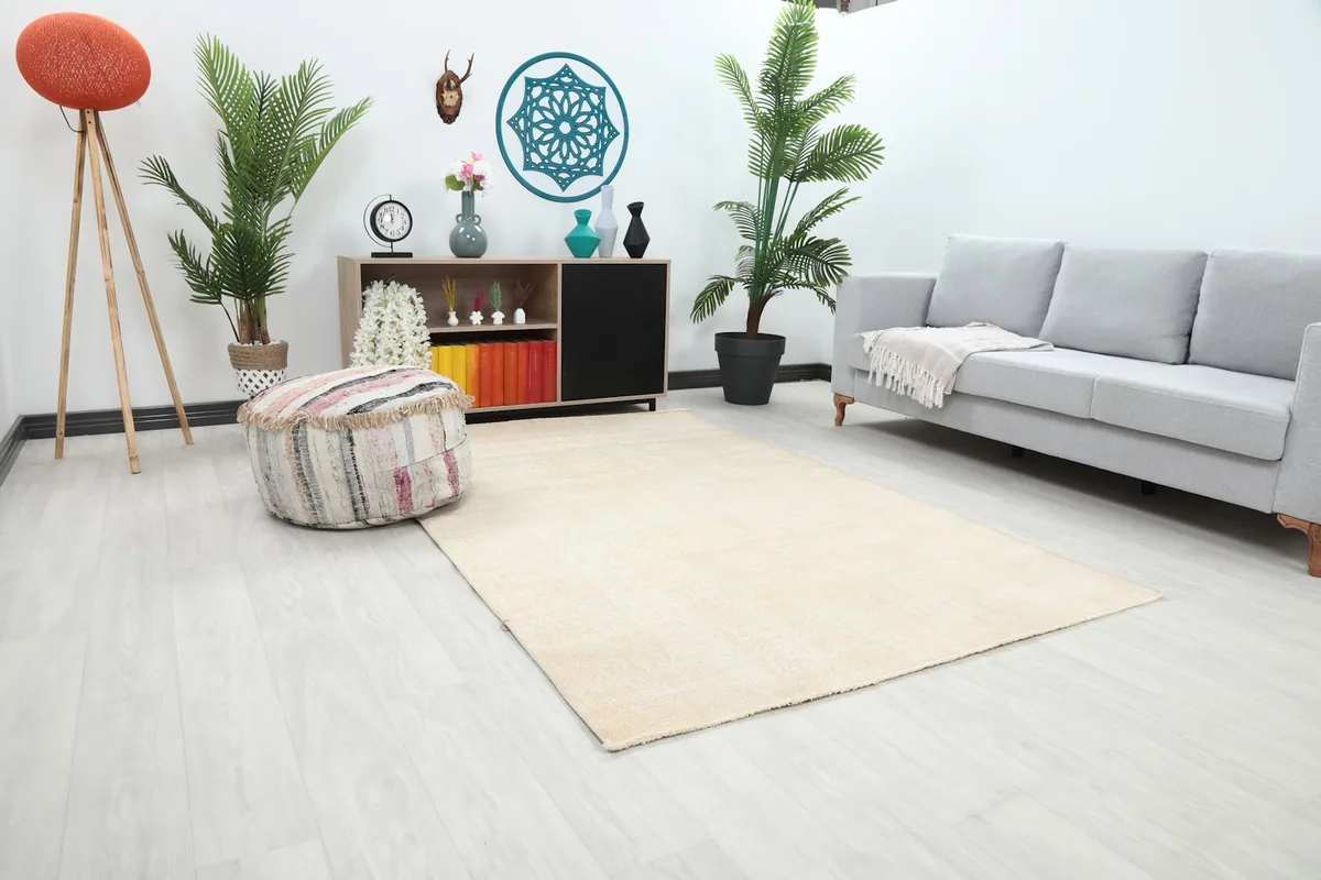 Ivory vintage rug in a living room with a gray sofa and decor, showing full rug.
