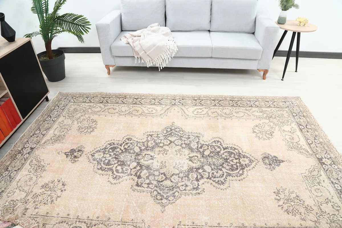 Overhead view of the beige rug in a living room, showing its full length and medallion design