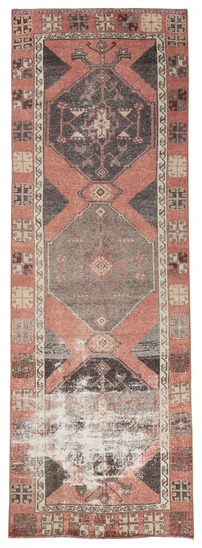 Full overhead view of the 4x12 rust and gray geometric vintage runner rug on a white background.