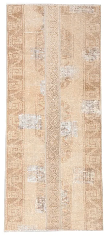Full top view of the beige and tan geometric Anatolian vintage runner rug