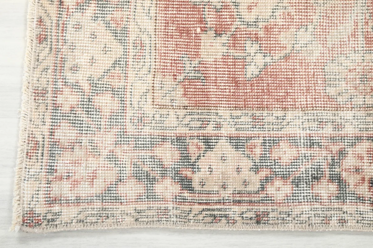 Close-up of the rug's intricate gray and beige border design with a subtle fringe