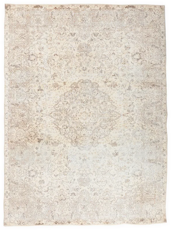Full overhead view of the 6'11" x 9'2" vintage Anatolian rug on a white background.