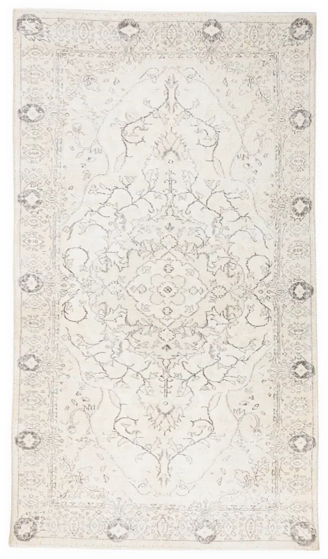 Full top view of the 5'1" x 8'6" vintage ivory and gray Anatolian area rug