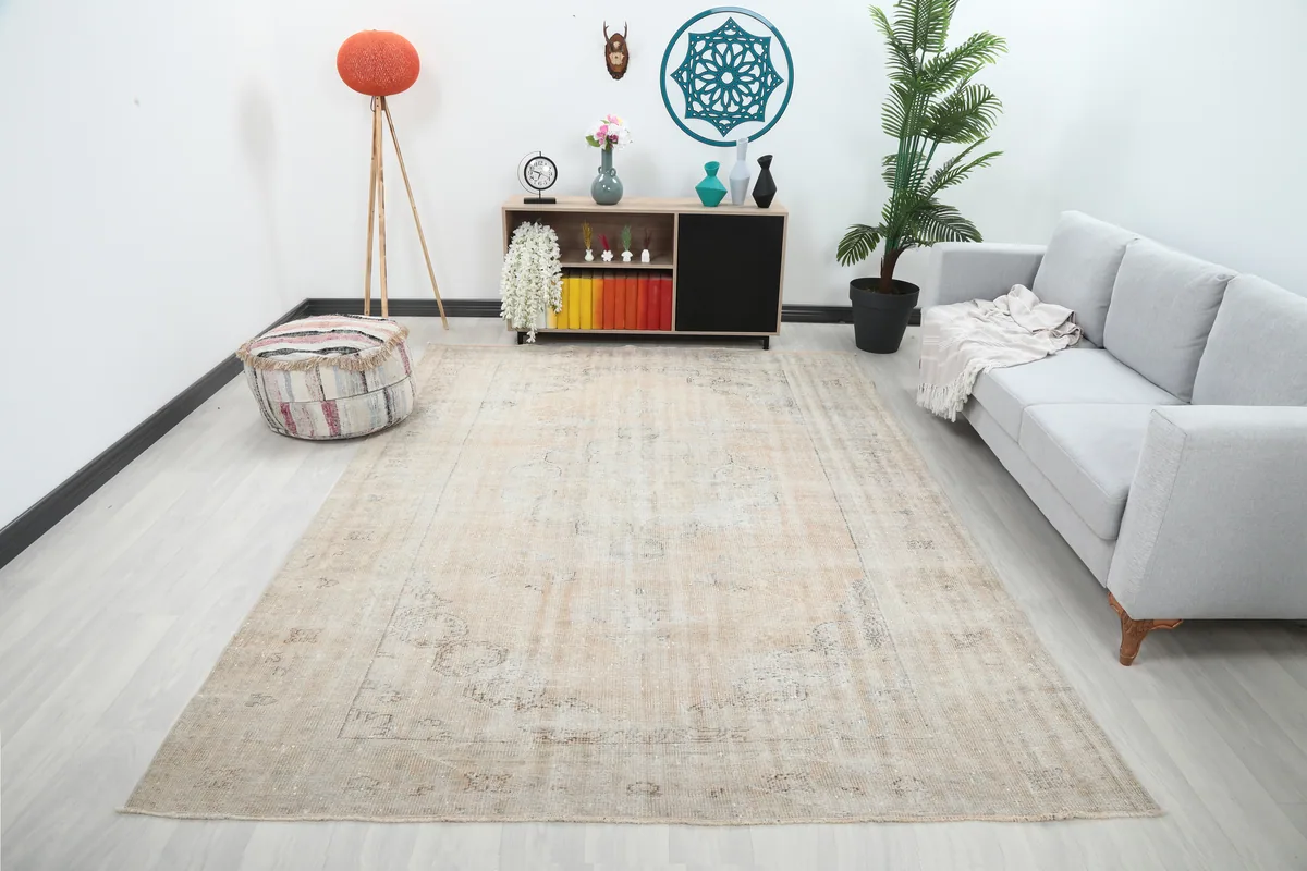 Beige Medallion Oushak Rug in a modern living room setting with a light gray sofa.