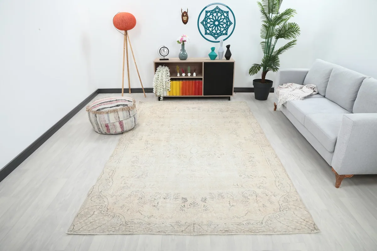 Full room view of the ivory and beige rug in a contemporary living space with a gray sofa.