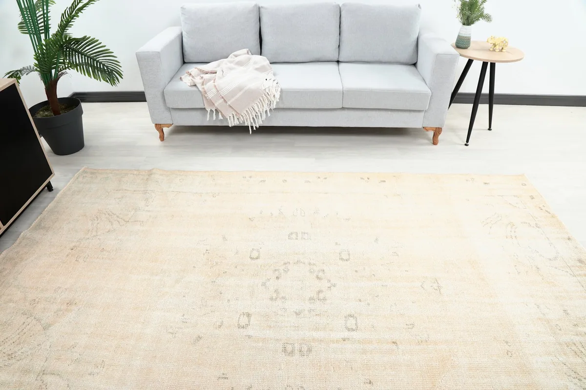 Overhead view of the rug complementing a light gray sofa in a living room