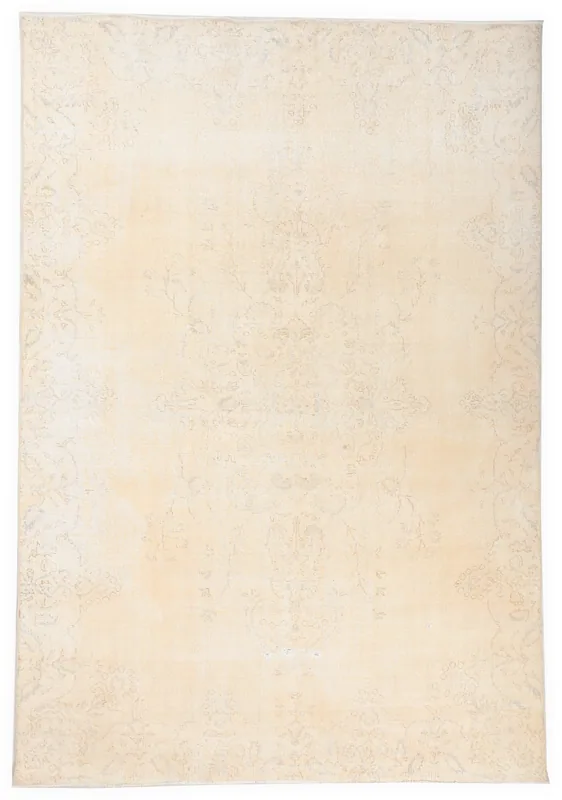 Full top view of the ivory hand-knotted vintage area rug