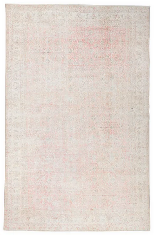 Full overhead view of the 6'5" x 10'0" rose and ivory vintage Anatolian rug on a white background.
