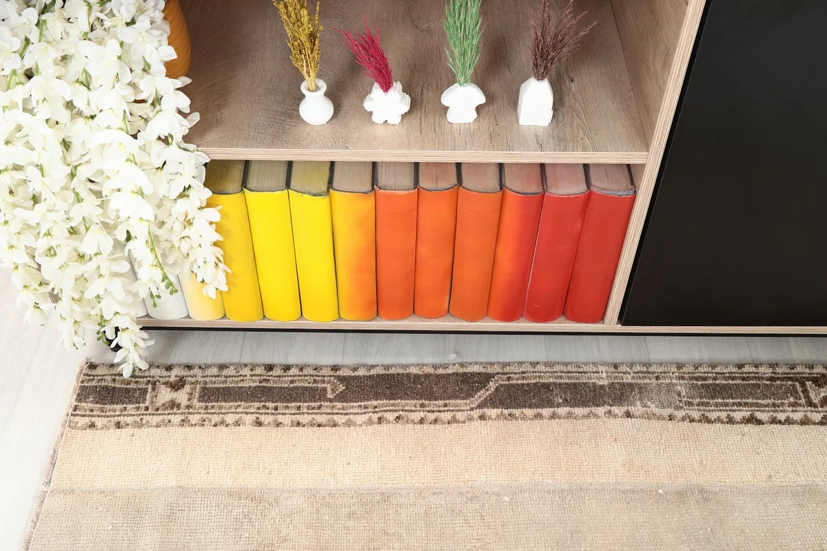 Detailed view of the rug's brown geometric border pattern next to a wooden shelf.