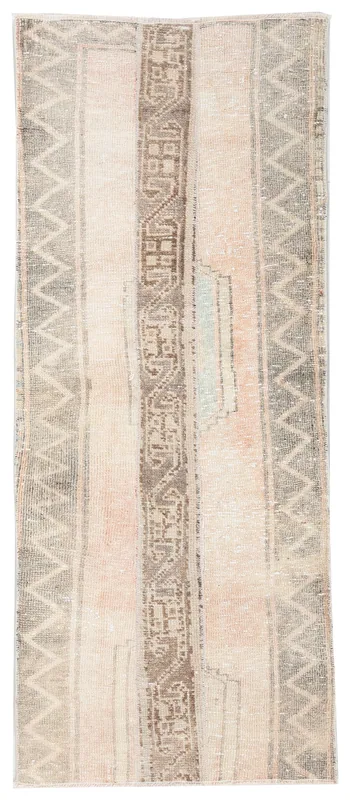 Full top view of the 2x6 muted beige and gray tribal striped runner rug