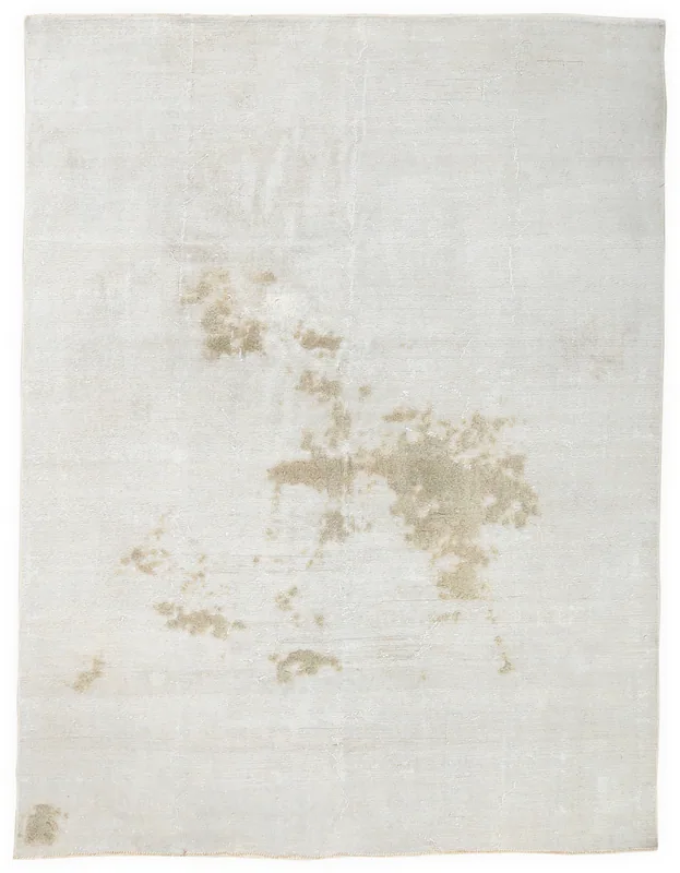 Full overhead view of the 6'8" x 8'7" ivory and beige abstract vintage Anatolian rug on a white background.