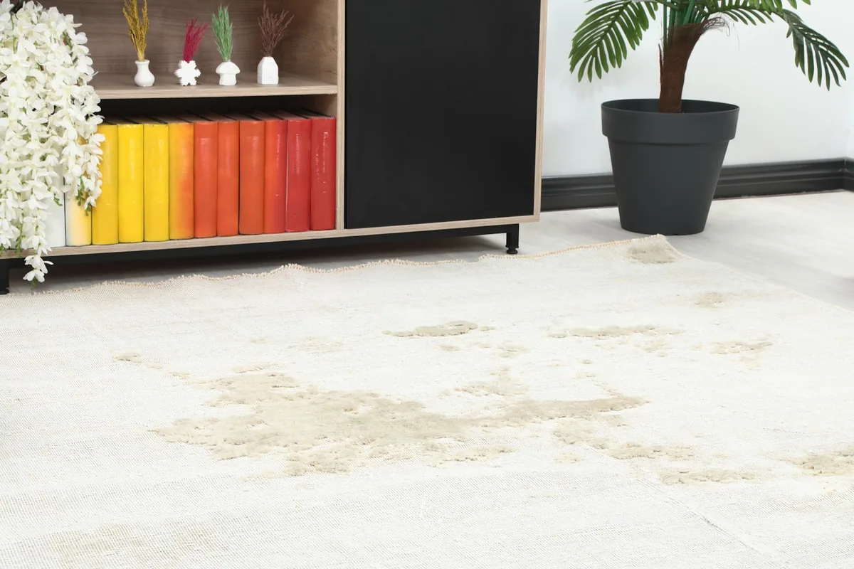 Close-up detail of the ivory and beige distressed pattern on the vintage rug near a wooden cabinet.