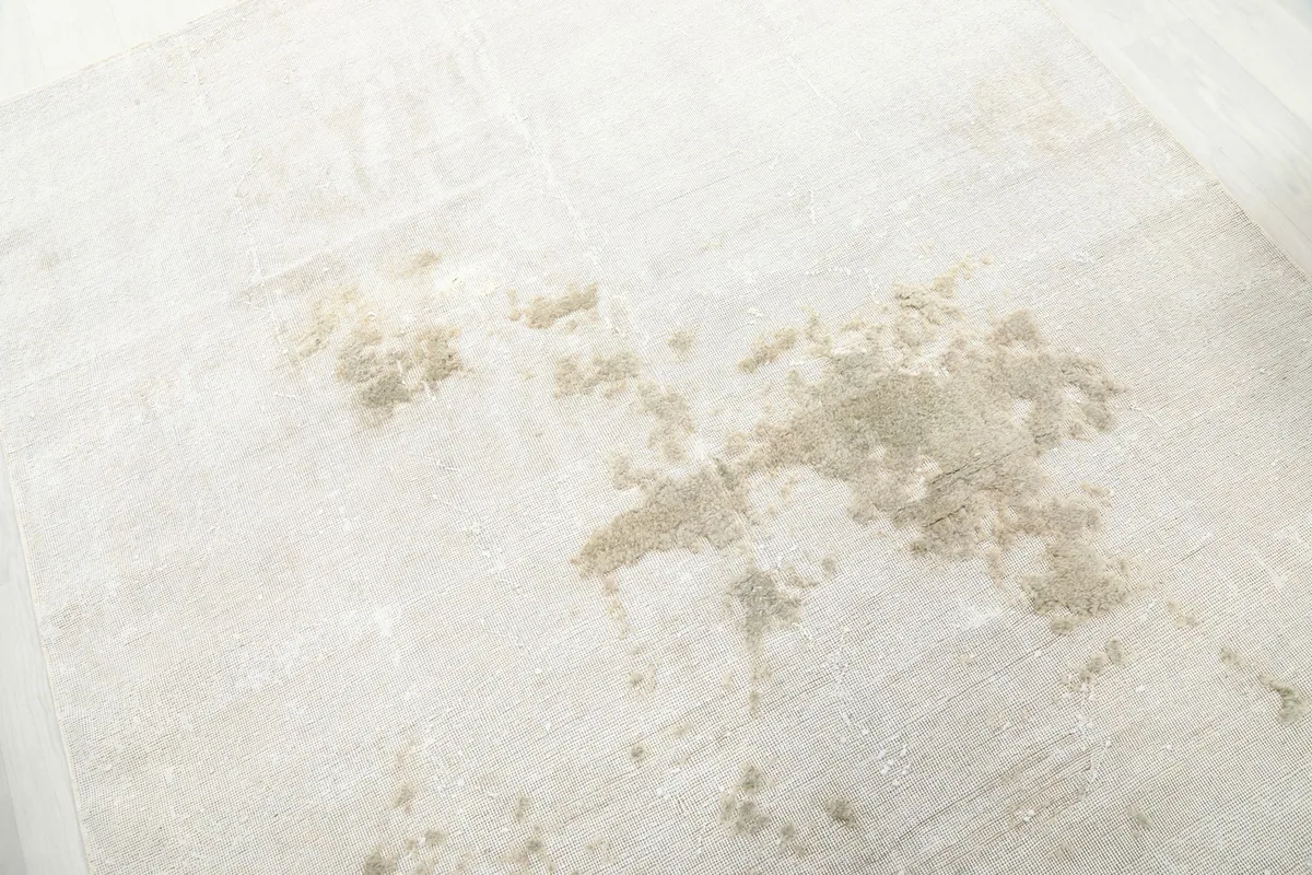 Close-up of the low pile and textured distressed patterns in beige and olive on the ivory vintage rug surface.