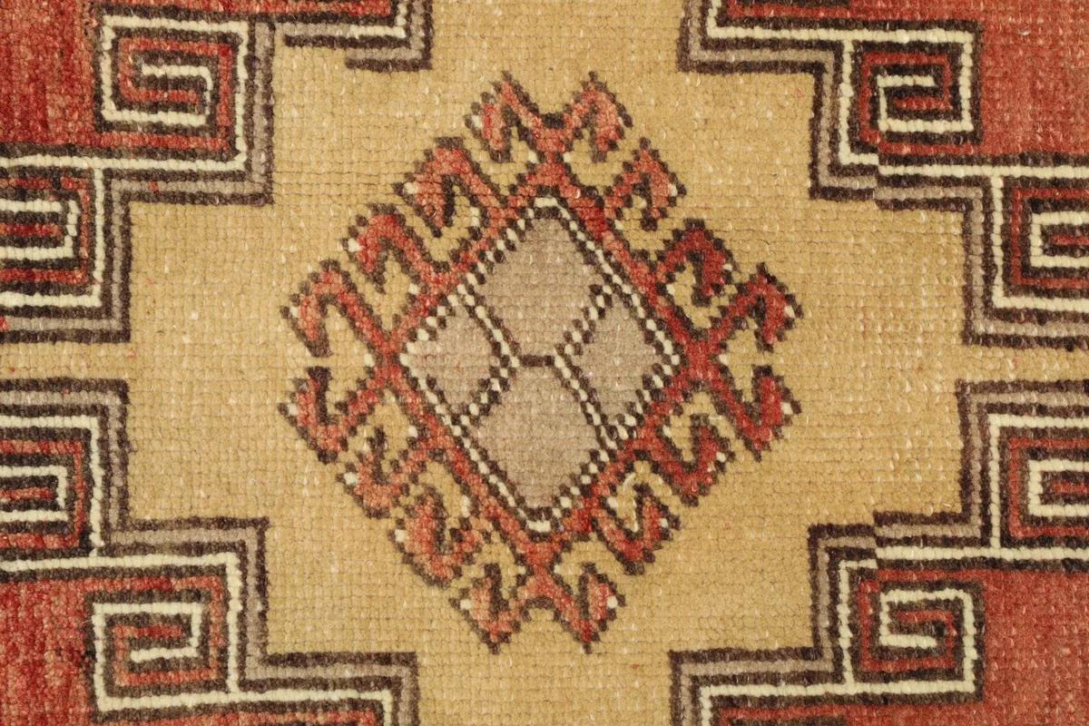 Detailed shot of the central medallion with intricate tribal motifs in rust, beige, and gray.