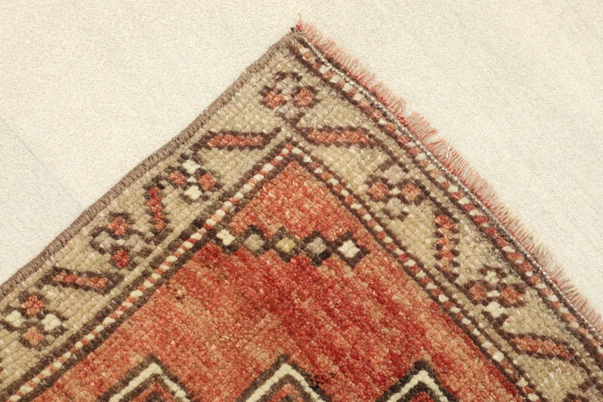 Corner detail showing the patterned border in beige and brown, and the rug's short fringe.
