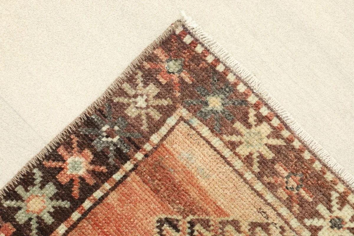 Corner detail showing the patterned brown border with star-like motifs and the rust field