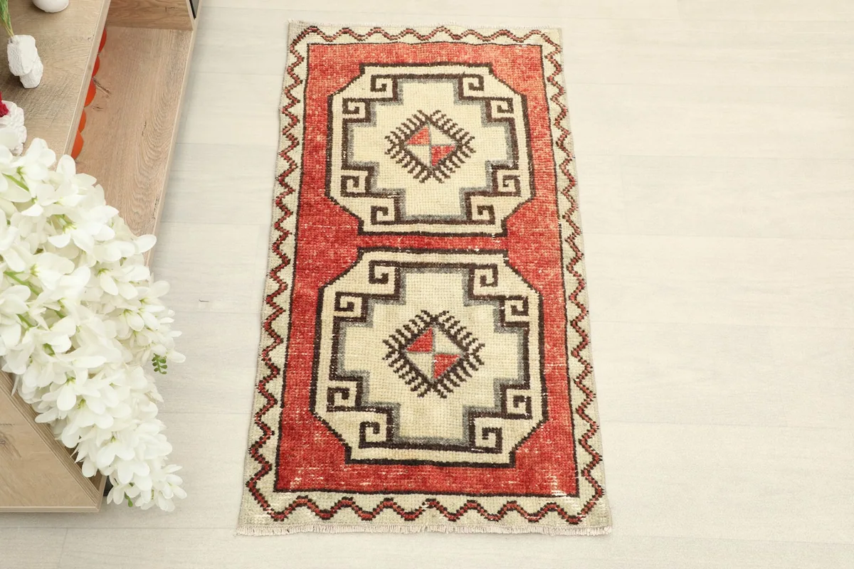 Overhead shot of the rust and ivory tribal rug, showing the full pattern and colors.