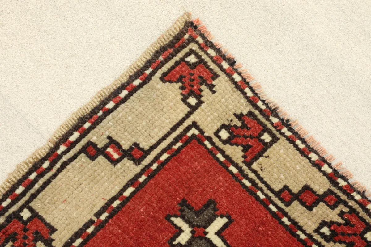 Corner detail showing the tan border with small red and charcoal elements.