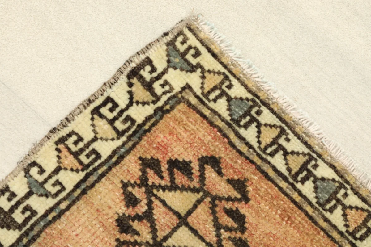 Corner detail showing the beige border with its geometric pattern and the tan field.