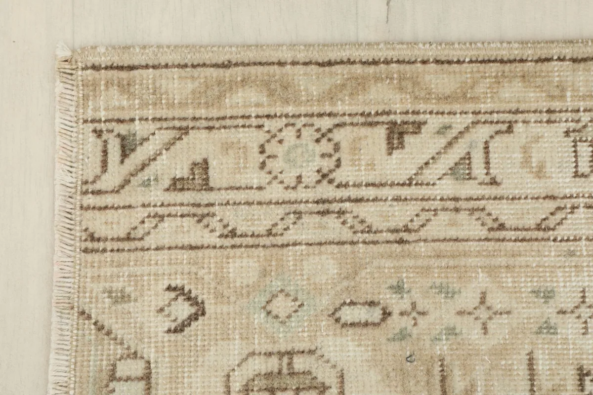 Close-up of the rug's border design, featuring geometric patterns in brown and beige.