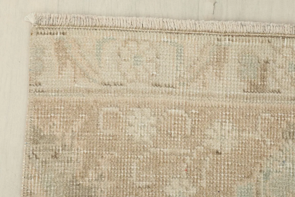 Close-up of the rug's border design and fringe, highlighting the low pile