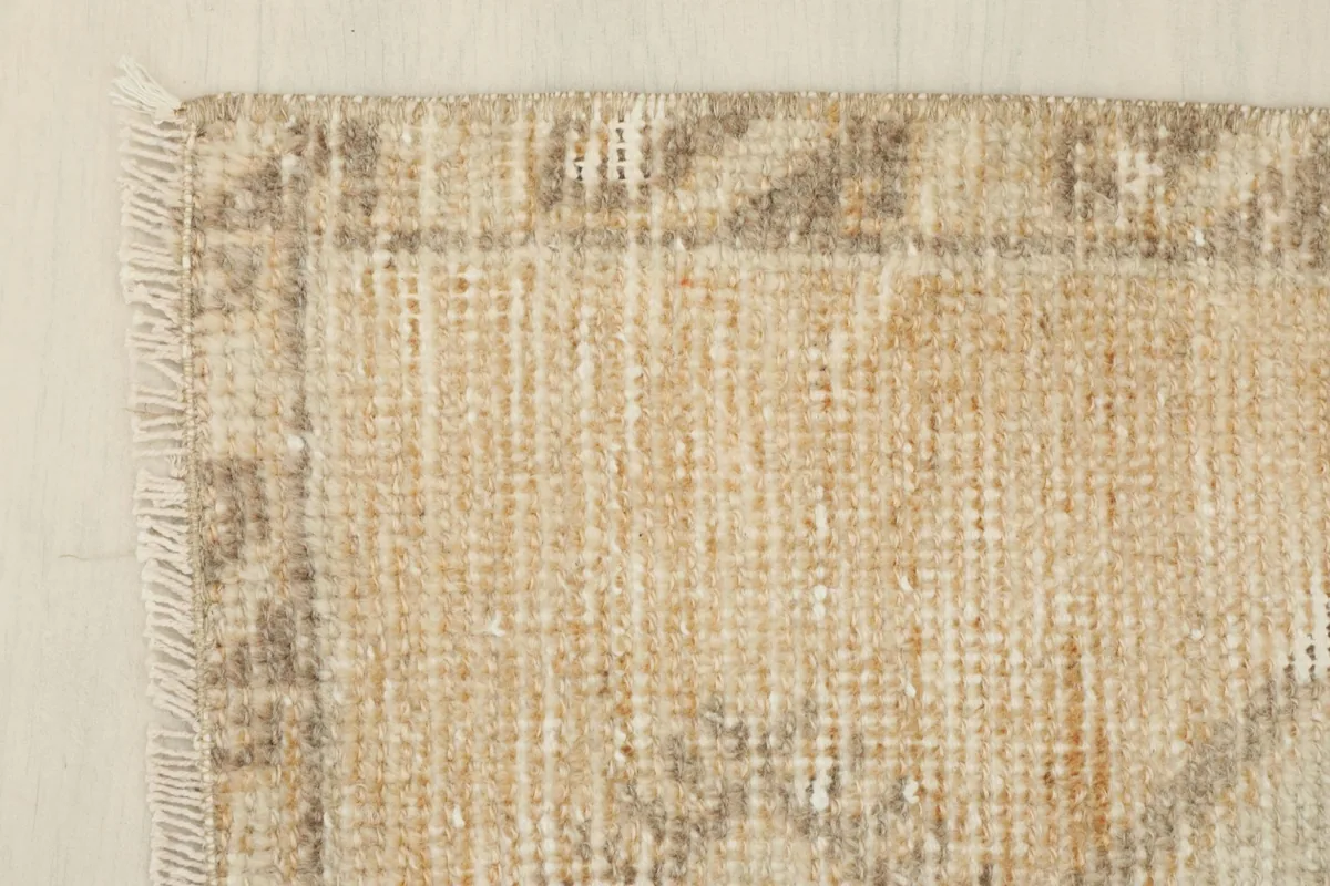 Close-up of the rug's edge, highlighting the texture and color variations in the pile.