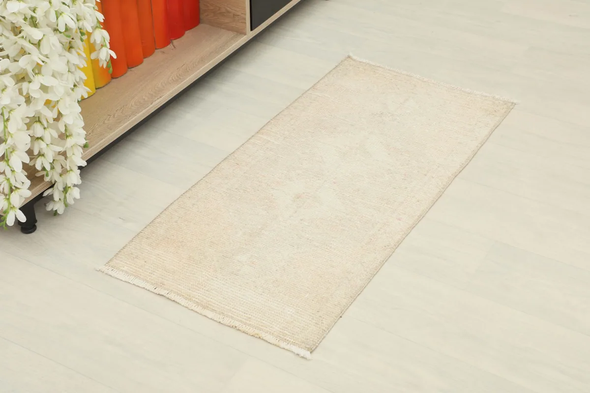 Angle view of the small ivory and beige rug on a light floor next to a shelf with books, showing its scale.