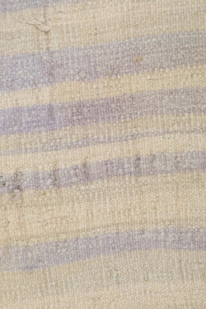 Extreme close-up of the low wool pile, revealing individual fibers and the texture of the vintage material.