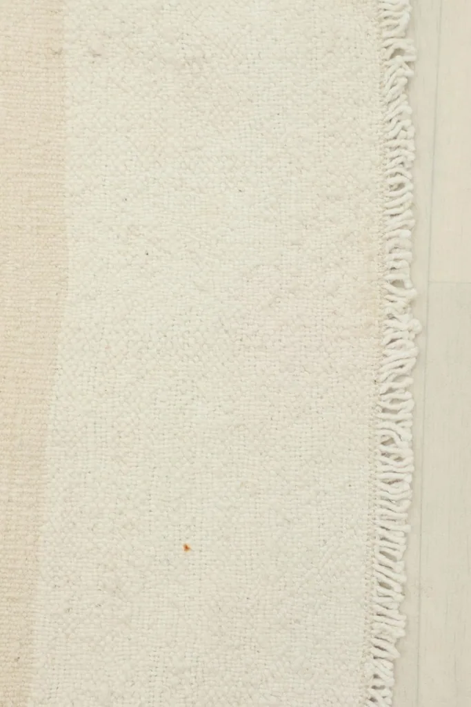 Close-up detail of the rug's edge, showing the hand-knotted weave and short fringes.