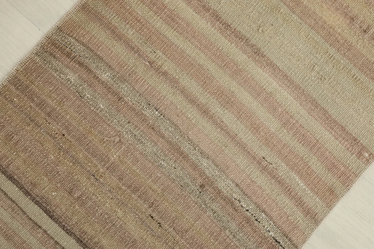 Overhead angled shot highlighting the texture and color variations within the striped pattern of the rug.