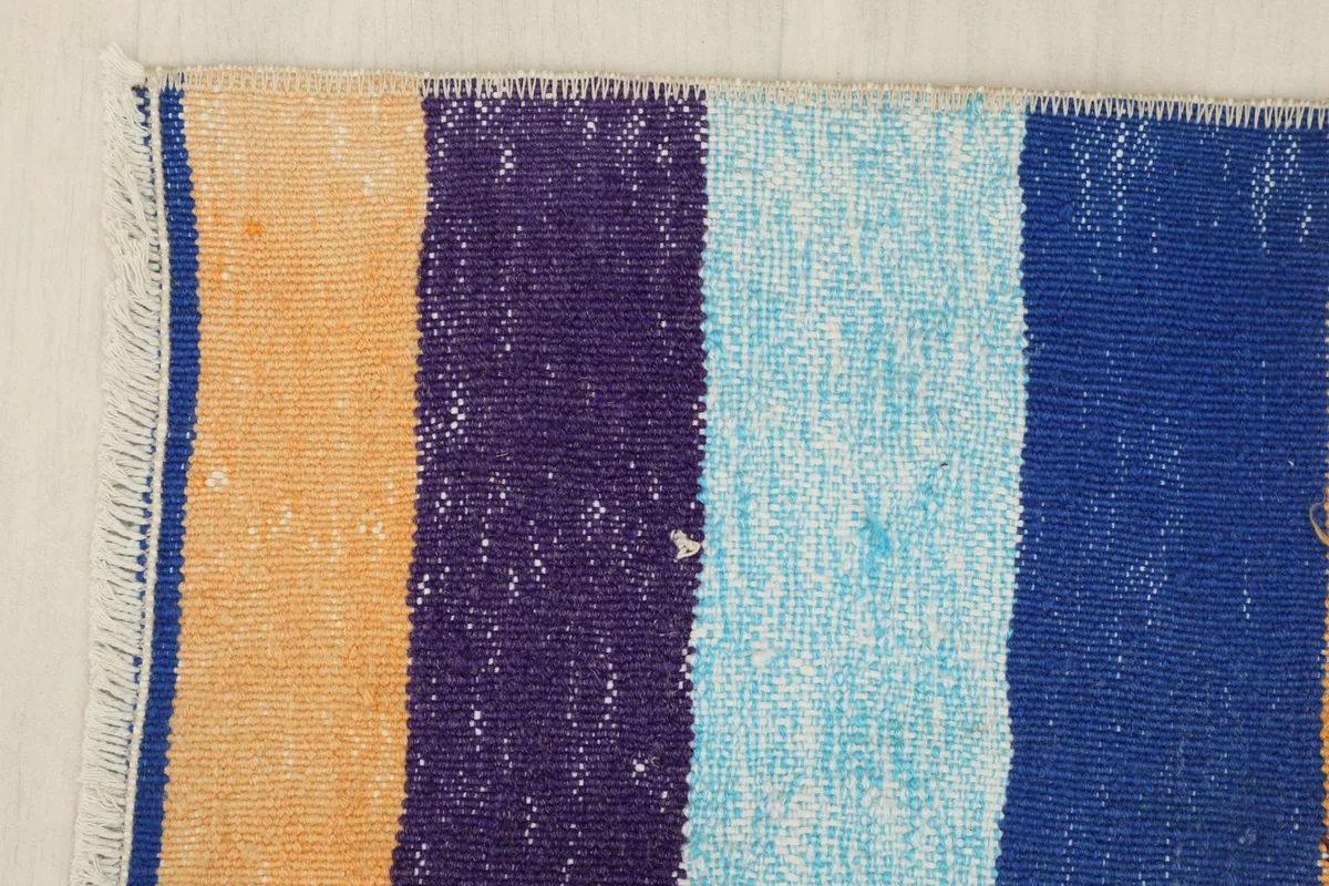 Close-up of the rug's corner, showing the distinct color bands and slight wear.
