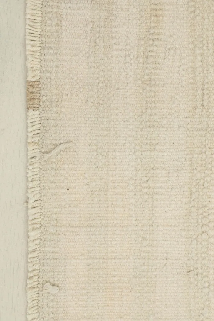 Close-up detail of the rug's edge, showing the hand-knotted texture and short fringe.