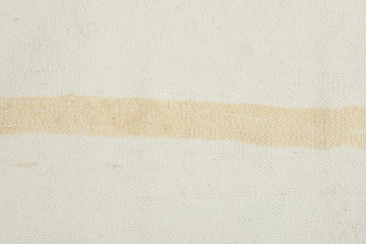 Extreme close-up of a tan stripe on the cream rug, revealing the low pile and individual wool fibers.