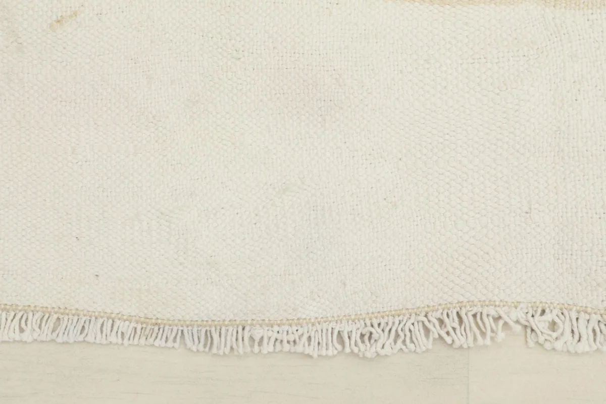 Close-up detail of the short fringe and woven edge of the vintage area rug, highlighting the texture.