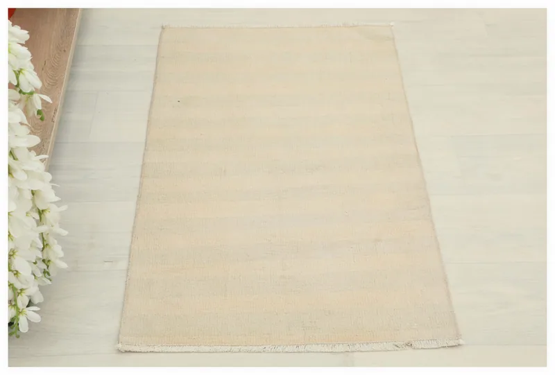 Full top view of the 1'10" x 2'11" ivory vintage Anatolian doormat on a light floor.