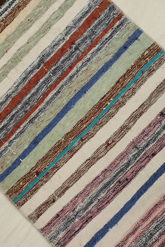 Detailed view of the central section of the rug, focusing on the various color stripes like green, blue, and brown.