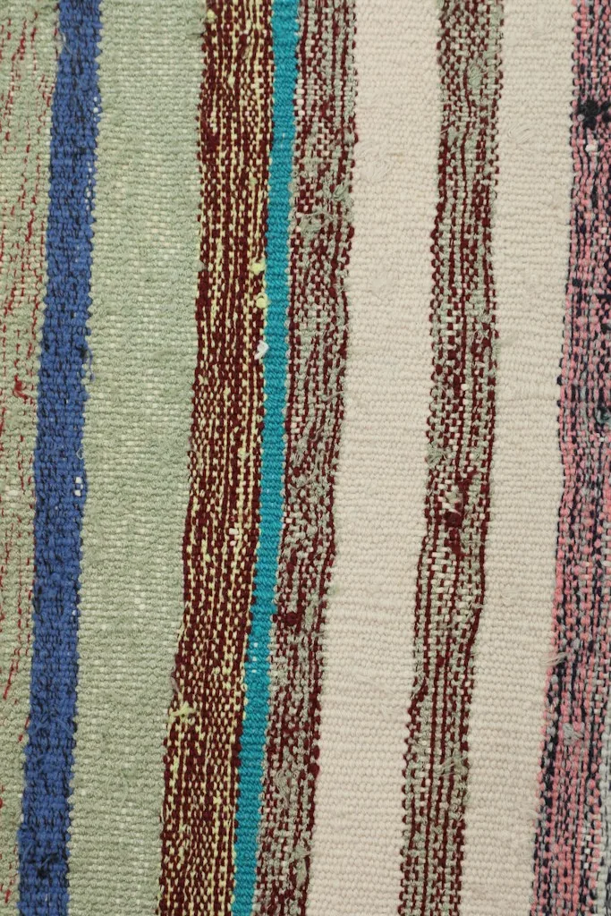 Extreme close-up of the rug's texture, showing individual fibers and color variations within the stripes.